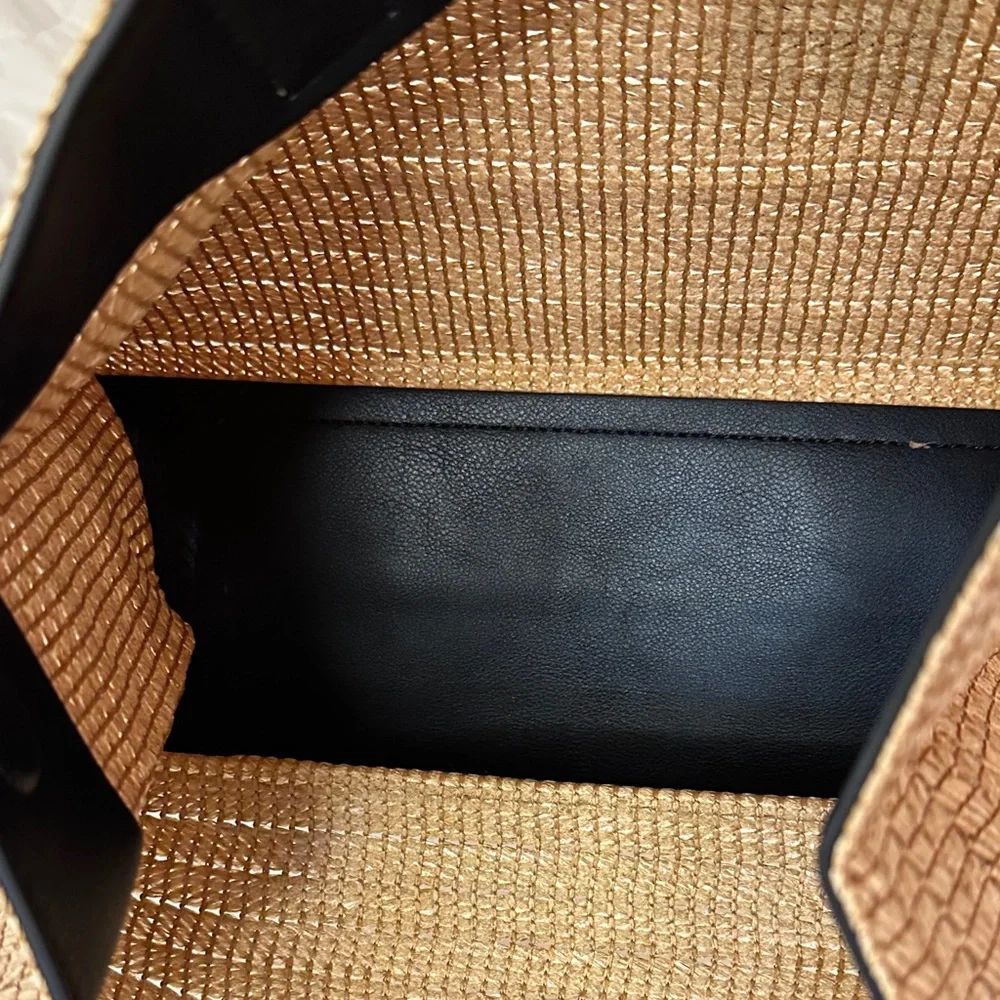 Walter Baker Delaney Woven Tote Bag Tan Black Raffia Leather Trim Boho Resort